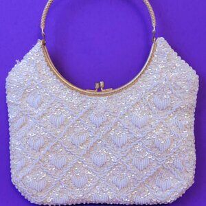 Vtg Hand Beaded Handbag Hong Kong Sequin Taupe Cream White Gold Hinge Handle  Yo